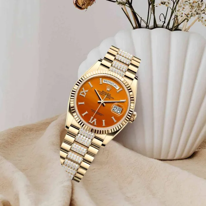 Bracelets Rolex Day Date 36mm Ref 1282380089 Carnelian Orange Roman Diamond Dial Fluted Bezel 18K Yellow Gold Diamonds President Bracelet Watch Rolex