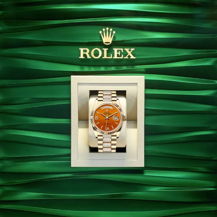 Bracelets Rolex Day Date 36mm Ref 1282380089 Carnelian Orange Roman Diamond Dial Fluted Bezel 18K Yellow Gold Diamonds President Bracelet Watch Rolex