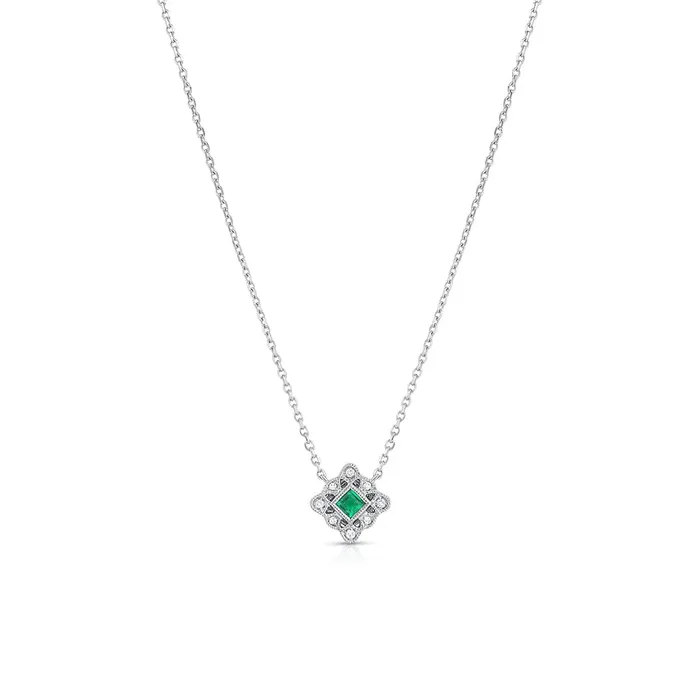 CJ Charles Jewelers 14K White Gold Diamond Emerald Square Filigree Art Deco Necklace Necklaces CJ Charles Jewelers 14K White Gold Diamond Emerald Square Filigree Art Deco Necklace Necklaces