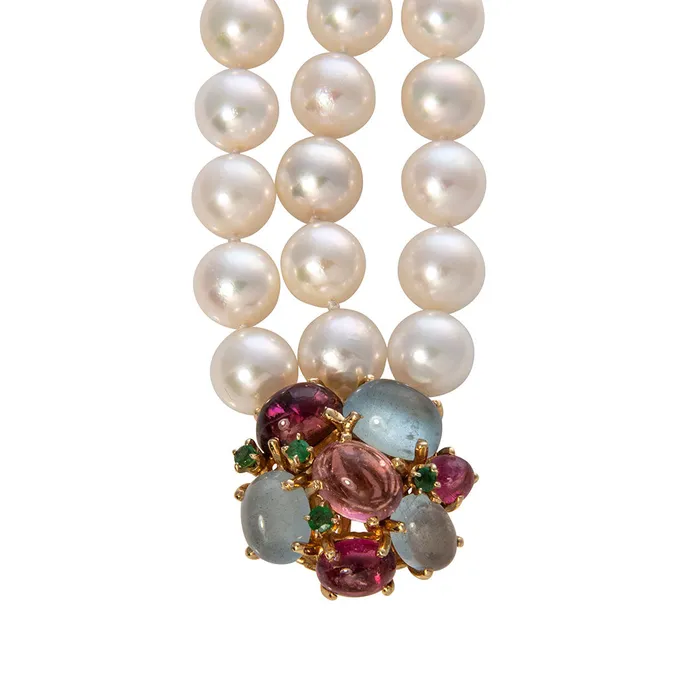 Croghans Bracelets TripleStrand Akoya Pearl Multi Stone Clasp 14K Gold Bracelet