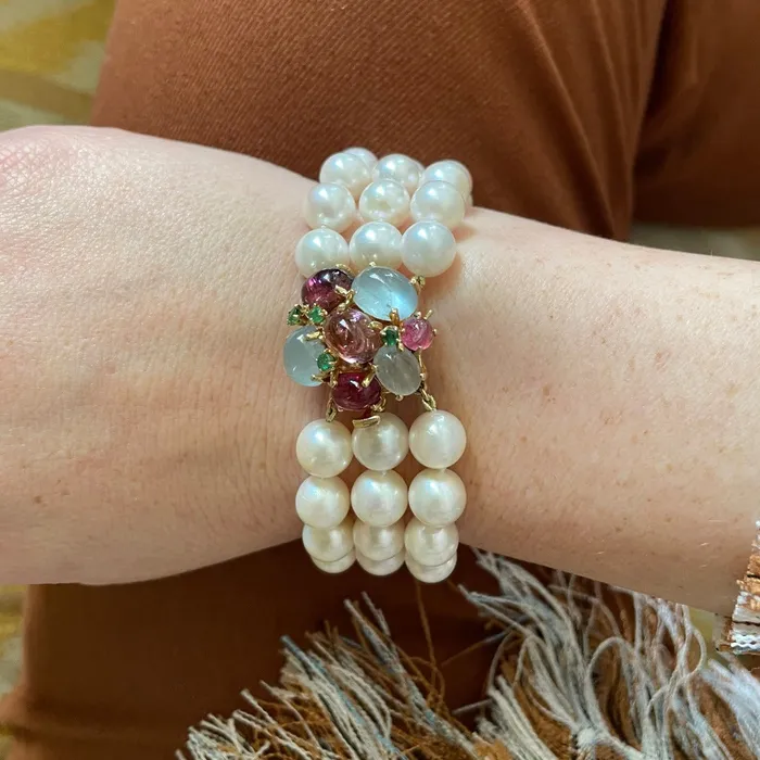 Croghans Bracelets TripleStrand Akoya Pearl Multi Stone Clasp 14K Gold Bracelet