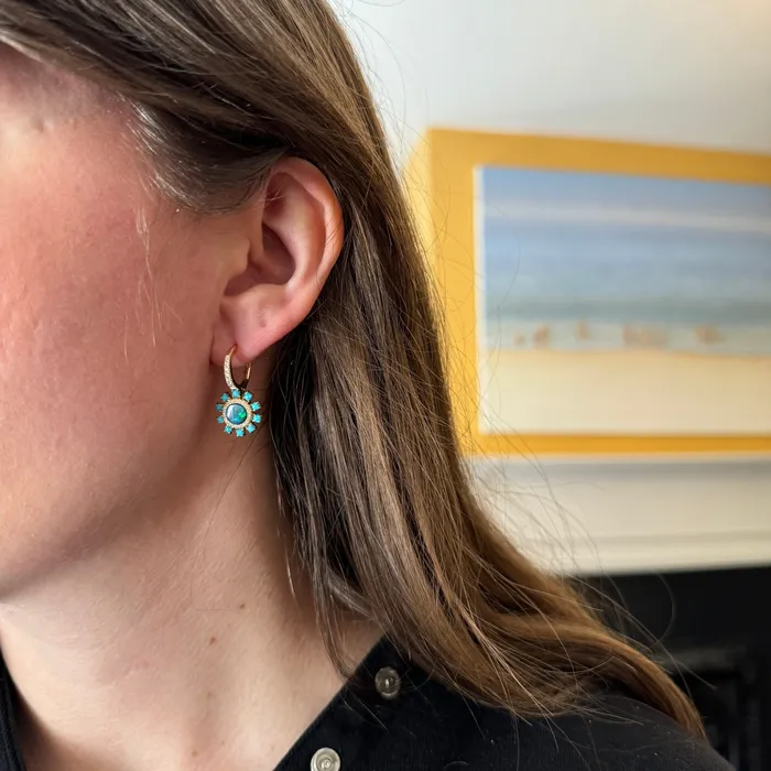 Croghans Earrings Opal Turquoise Diamond 14K Yellow Gold Leverback Earrings