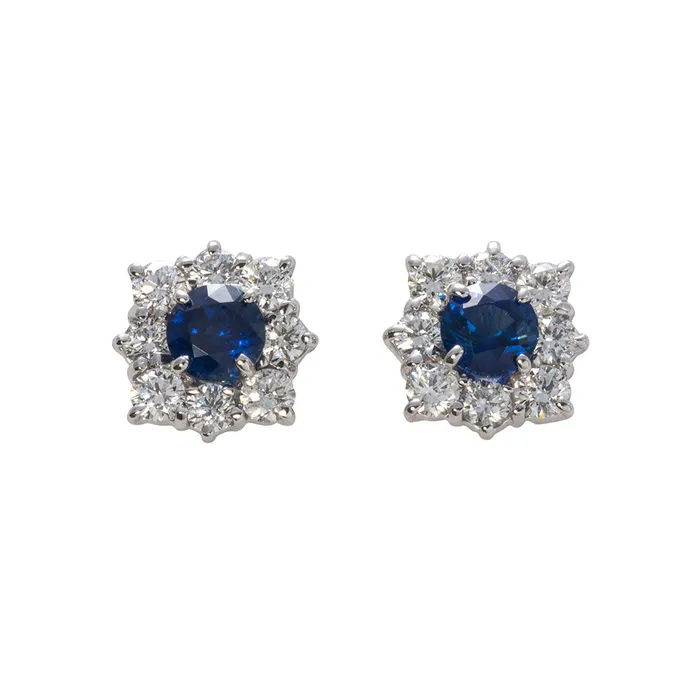 Croghans Earrings Round Sapphire Diamond Cluster 18K Gold Stud Earrings