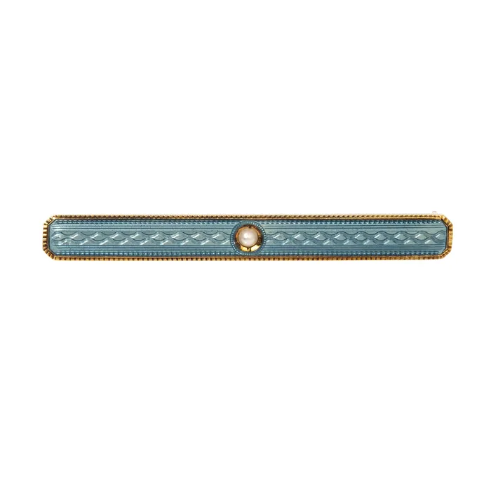 Croghans Rings Victorian Blue Enamel Guilloch Seed Pearl 14K Gold Bar Pin