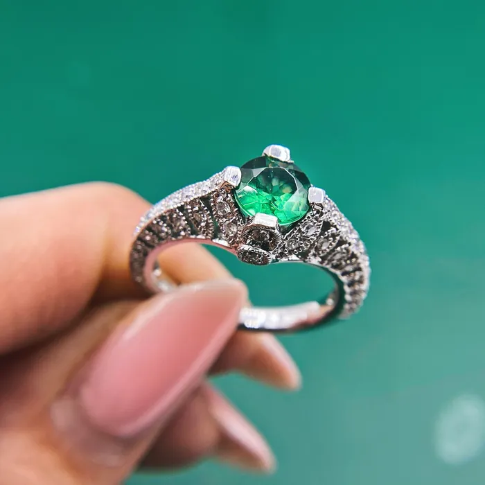 Diamond Source NYC Rings Engagament Ring Set in Platinum 130ct tw Diffused Green Emerald Round Brilliant Natural Diamonds