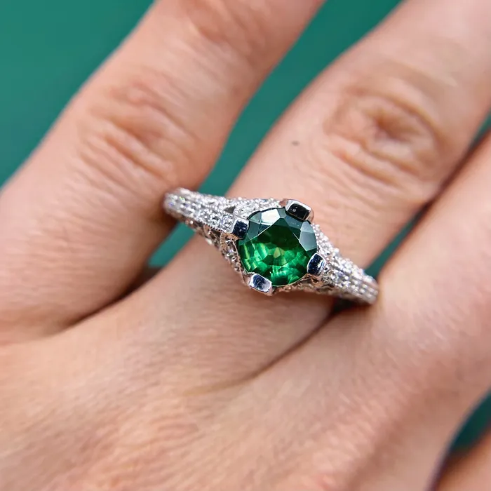 Diamond Source NYC Rings Engagament Ring Set in Platinum 130ct tw Diffused Green Emerald Round Brilliant Natural Diamonds