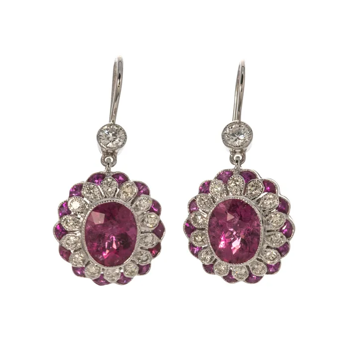 Estate 18K White Gold Rubellite Diamond Drop Earrings Croghans Earrings