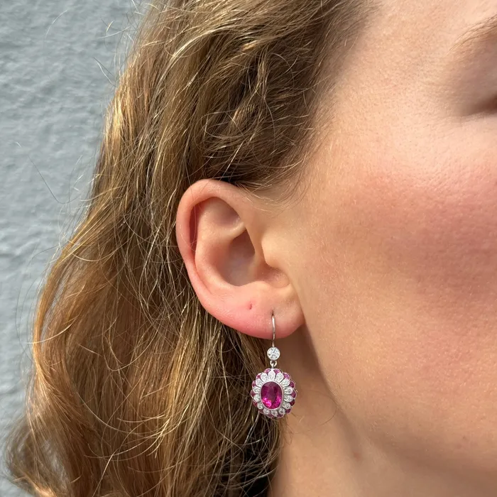 Estate 18K White Gold Rubellite Diamond Drop Earrings Croghans Earrings