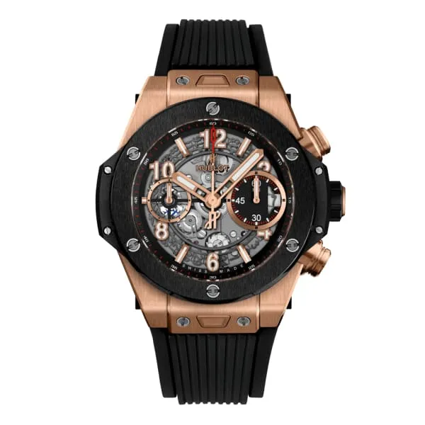 Hublot Hublot Big Bang Unico King Gold Ceramic 42mm Watch Ref 441OM1180RX Skeleton Dial in 18K Rose Gold Case Black Lined Rubber Strap PreStyled Sets Hublot Hublot Big Bang Unico King Gold Ceramic 42mm Watch Ref 441OM1180RX Skeleton Dial in 18K Rose Gold Case Black Lined Rubber Strap PreStyled Sets