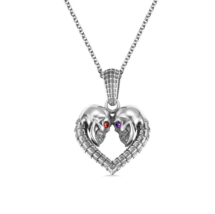 Necklaces Gothic Eternal Bond Silver Necklace Custom Skull Heart Pendant with Birthstone Eyes Belbren