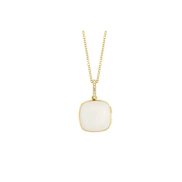 Necklaces Meierotto Jewelers 14K Yellow Gold Cushion Locket Necklace with White Enamel and Diamonds Necklaces Meierotto Jewelers 14K Yellow Gold Cushion Locket Necklace with White Enamel and Diamonds