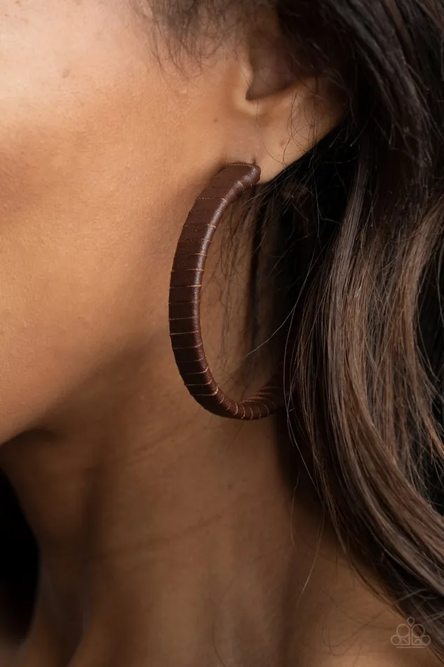 Paparazzi Earring LeatherClad Legend Brown Paparazzi Jewelry Earrings