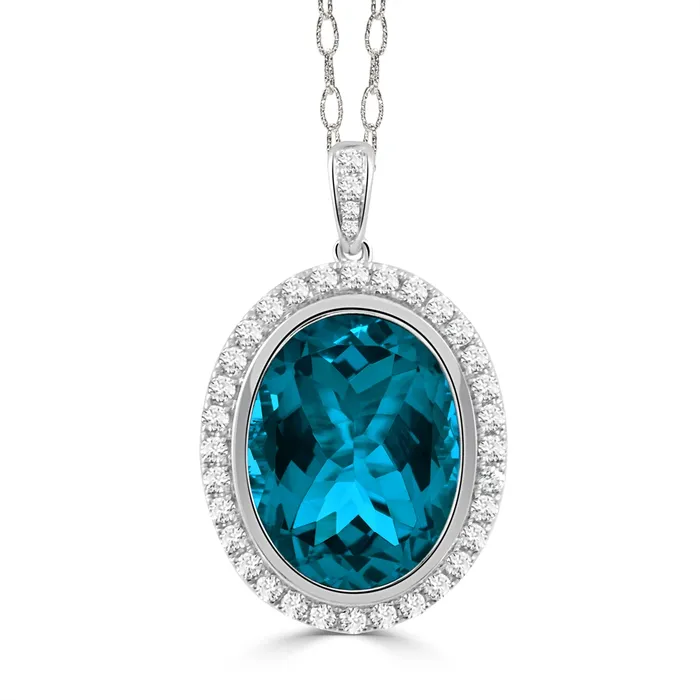 PreStyled Sets Doves Doves 18K White Gold Bezel Set Oval London Blue Topaz with Diamond Halo Pendant PreStyled Sets Doves Doves 18K White Gold Bezel Set Oval London Blue Topaz with Diamond Halo Pendant