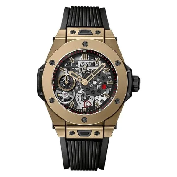 PreStyled Sets Hublot Hublot Big Bang Meca10 Magic Gold 45mm Watch Ref 414MX1138RX Skeleton Dial in 18K Yellow Gold Case Black Lined Rubber Strap PreStyled Sets Hublot Hublot Big Bang Meca10 Magic Gold 45mm Watch Ref 414MX1138RX Skeleton Dial in 18K Yellow Gold Case Black Lined Rubber Strap