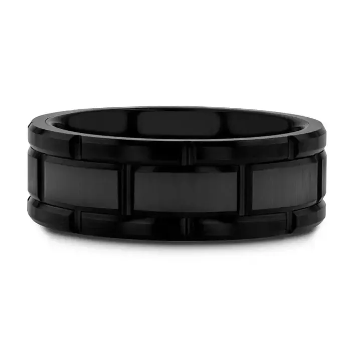Rings Beveled Black Tungsten Carbide 8mm Band with Brushed Center and Alternating Grooves Mens Bands Rings Beveled Black Tungsten Carbide 8mm Band with Brushed Center and Alternating Grooves Mens Bands