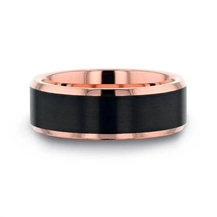 Rings Mens Bands Rose Gold Plated Tungsten Polished Beveled Ring with Brushed Black Center Rings Mens Bands Rose Gold Plated Tungsten Polished Beveled Ring with Brushed Black Center