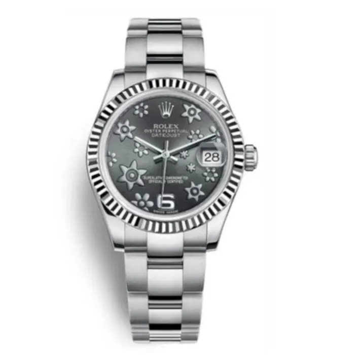 Rolex Bracelets Rolex Datejust 31mm Ref 1782740091 Dark Rhodium Floral Motif Dial Stainless Steel Oyster Bracelet Womens Watch