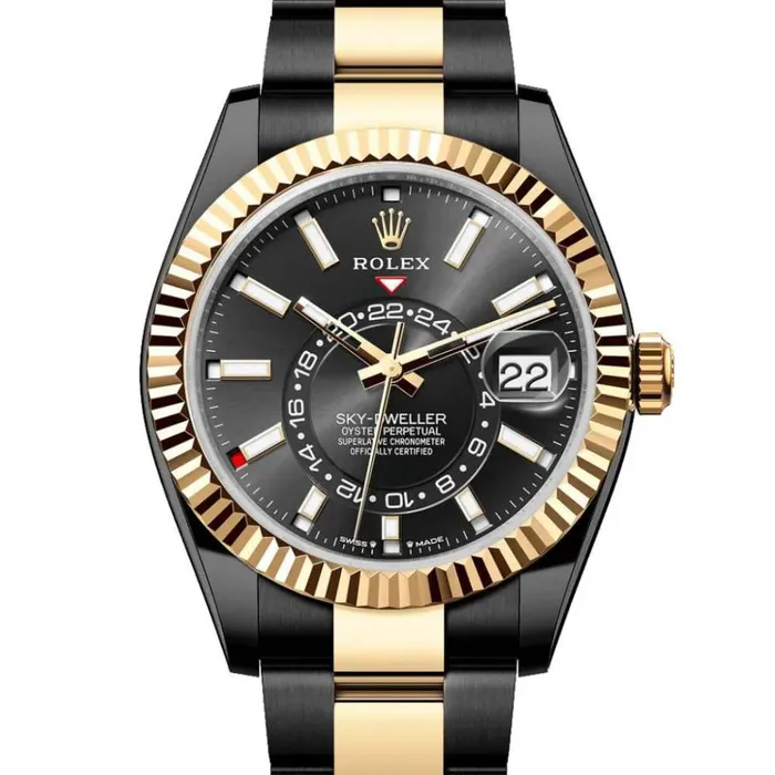 Rolex Bracelets Rolex SkyDweller 42mm Ref 336933 PVD Bright Black Stick Dial Two Tone Black PVD 18K Yellow Gold Oyster Bracelet Watch