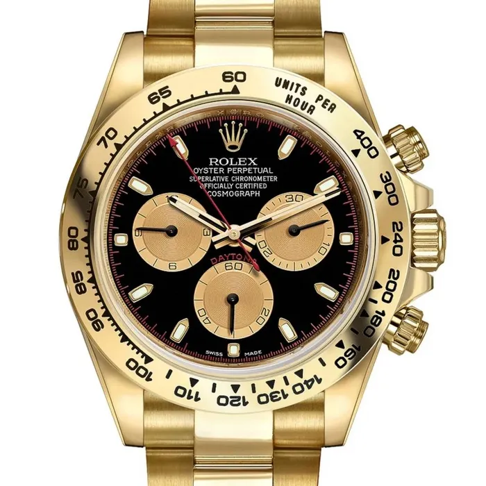 Rolex Cosmograph Daytona 40mm Ref 1165080009 Black Champagne Index Dial 18K Yellow Gold Oyster Bracelet Mens Watch Rolex Bracelets