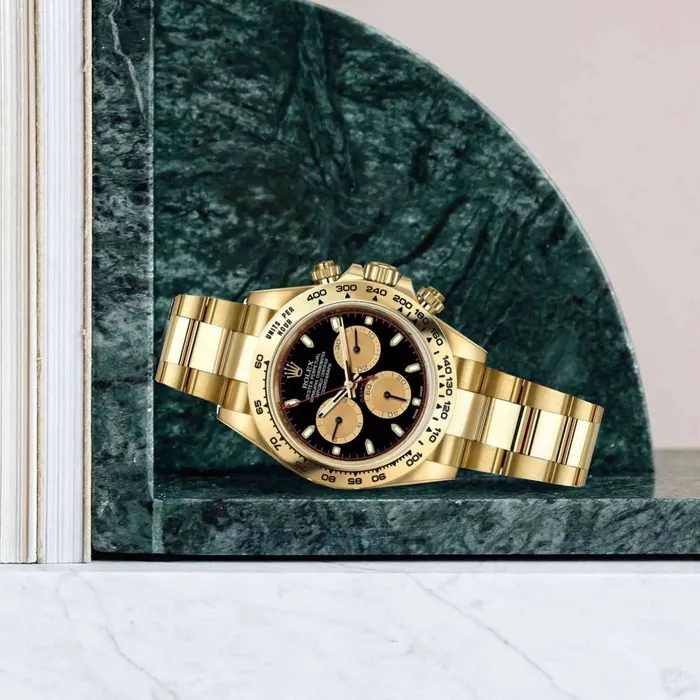 Rolex Cosmograph Daytona 40mm Ref 1165080009 Black Champagne Index Dial 18K Yellow Gold Oyster Bracelet Mens Watch Rolex Bracelets