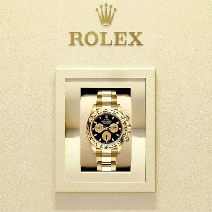Rolex Cosmograph Daytona 40mm Ref 1165080009 Black Champagne Index Dial 18K Yellow Gold Oyster Bracelet Mens Watch Rolex Bracelets