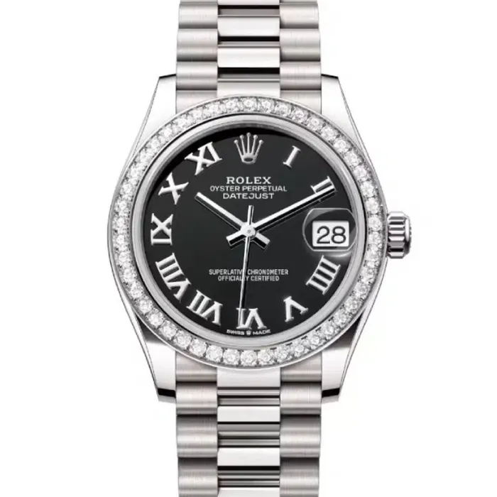 Rolex Datejust 31mm Ref 278289rbr0011 Black Roman Dial Diamond Bezel 18K White Gold President Bracelet Womens Watch Rolex Bracelets