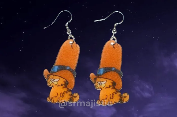Sam Makes Things Earrings Cowboy Garfield with a Tall Hat Character Handmade Earrings Sam Makes Things Earrings Cowboy Garfield with a Tall Hat Character Handmade Earrings
