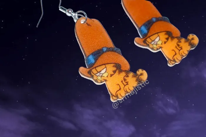 Sam Makes Things Earrings Cowboy Garfield with a Tall Hat Character Handmade Earrings