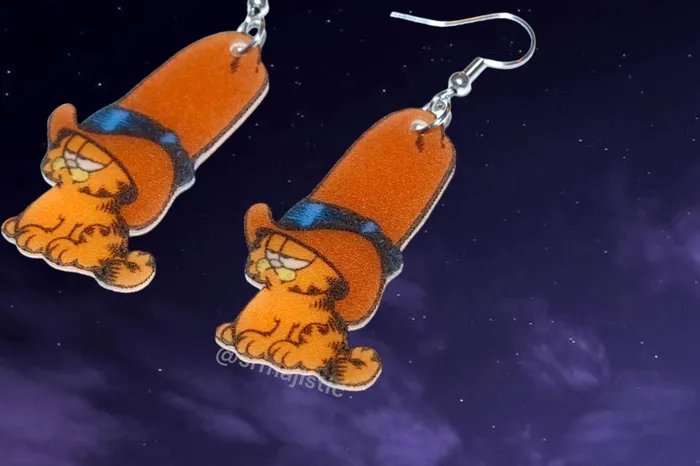 Sam Makes Things Earrings Cowboy Garfield with a Tall Hat Character Handmade Earrings