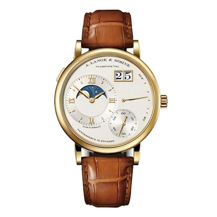 Watches A Lange Shne A Lange Sohne Grand Lange 41mm Watch Ref 139021 Silver Moonphase Dial in 18K Yellow Gold Case Brown Alligator Leather Watches A Lange Shne A Lange Sohne Grand Lange 41mm Watch Ref 139021 Silver Moonphase Dial in 18K Yellow Gold Case Brown Alligator Leather