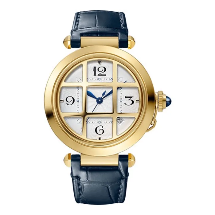Watches Cartier Cartier Pasha de Cartier 41mm Watch Ref WGPA0019 Silver Arabic Dial in 18K Yellow Gold Case Blue Leather Strap Watches Cartier Cartier Pasha de Cartier 41mm Watch Ref WGPA0019 Silver Arabic Dial in 18K Yellow Gold Case Blue Leather Strap