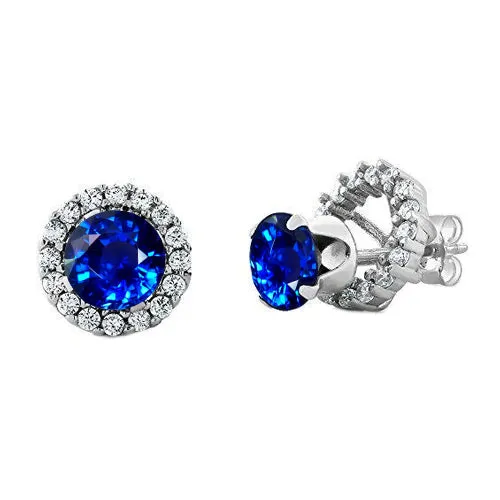 3 Carats Round Sapphire Halo Natural Earth Mined Diamond Stud Earring White Gold 14K GB Earrings