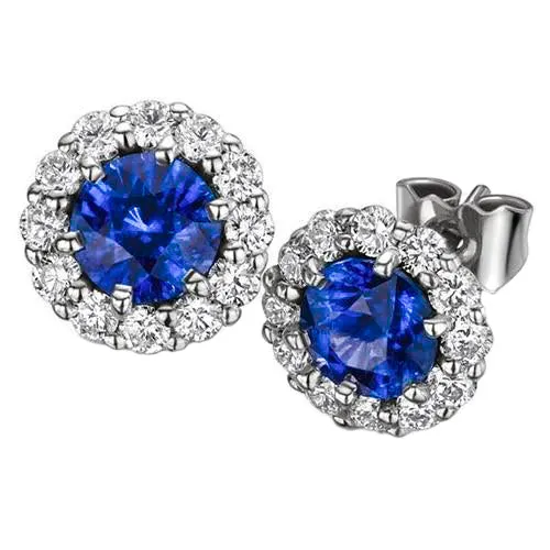 Ceylon Sapphire With Round Natural Earth Mined Diamond Halo Stud Earrings 6 Ct WG 14K GB Earrings Ceylon Sapphire With Round Natural Earth Mined Diamond Halo Stud Earrings 6 Ct WG 14K GB Earrings