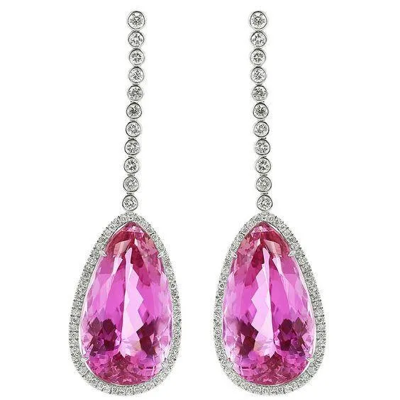 Earrings GB 4142 Ct Pink Pear Cut Kunzite With Natural Earth Mined Diamond Drop Earrings Gold 14K Earrings GB 4142 Ct Pink Pear Cut Kunzite With Natural Earth Mined Diamond Drop Earrings Gold 14K