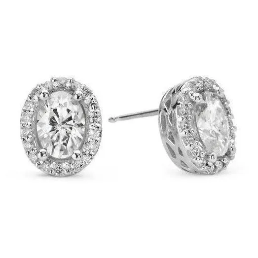 Earrings GB Halo Oval Natural Earth Mined Diamond Studs Earring 3 Carats White Gold 14K
