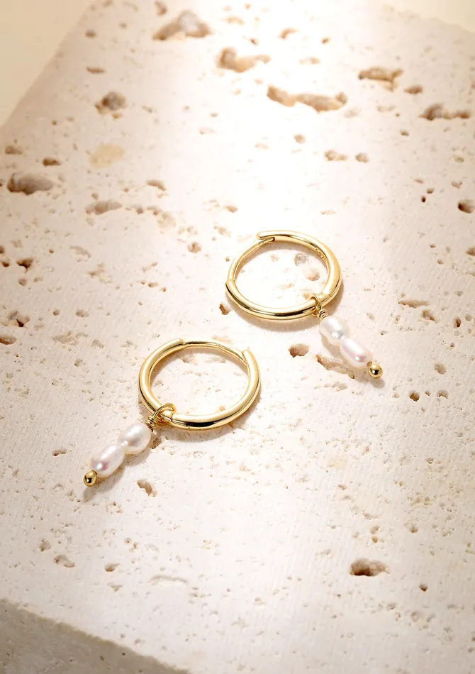 Earrings Hey Happiness Double Pearl Charm Hoop Earrings Sterling Silver Gold