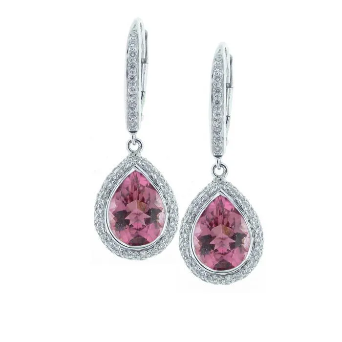 GB Earrings 1080 Ct Pink Tourmaline And Natural Earth Mined Diamond Hoop Dangle Earring Gold 14K GB Earrings 1080 Ct Pink Tourmaline And Natural Earth Mined Diamond Hoop Dangle Earring Gold 14K
