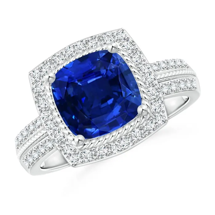 GB Rings 475 Carats Cushion And Round Sapphire And Natural Earth Mined Diamond Anniversary Ring GB Rings 475 Carats Cushion And Round Sapphire And Natural Earth Mined Diamond Anniversary Ring