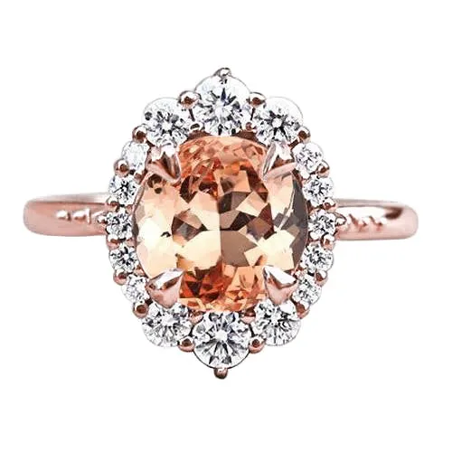 GB Rings Round Brilliant Cut 15 Ct Morganite And Natural Earth Mined Diamonds Ring 14K Rose Gold GB Rings Round Brilliant Cut 15 Ct Morganite And Natural Earth Mined Diamonds Ring 14K Rose Gold