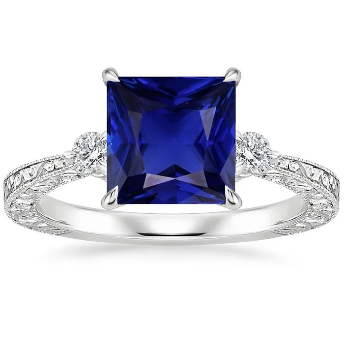 HarryChadEntcom Rings Three Stone Gemstone Ring Princess Blue Sapphire Natural Earth Mined Diamond 525 Carats HarryChadEntcom Rings Three Stone Gemstone Ring Princess Blue Sapphire Natural Earth Mined Diamond 525 Carats