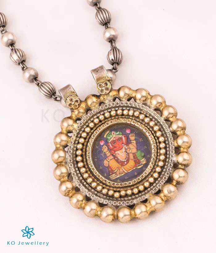 Jaipur Necklaces The Ojasvi Silver Antique Handpainted Ganesha Necklace