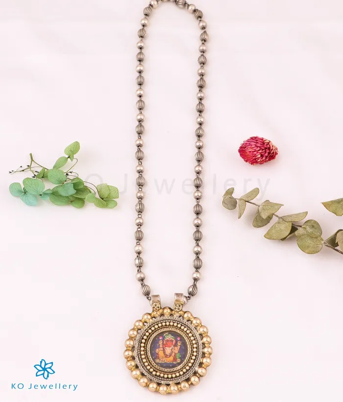 Jaipur Necklaces The Ojasvi Silver Antique Handpainted Ganesha Necklace