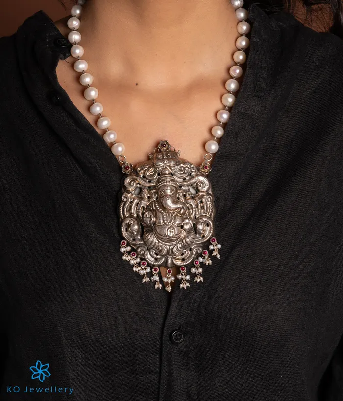 Necklaces Silversmith The Ganadevata Silver Ganesha Pearl Nakkasi Necklace