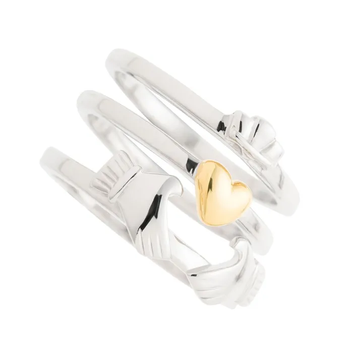 Rings Galway Galway Rhodium Plated 925 Sterling Silver Three Part Claddagh Silver Gold Ring Rings Galway Galway Rhodium Plated 925 Sterling Silver Three Part Claddagh Silver Gold Ring