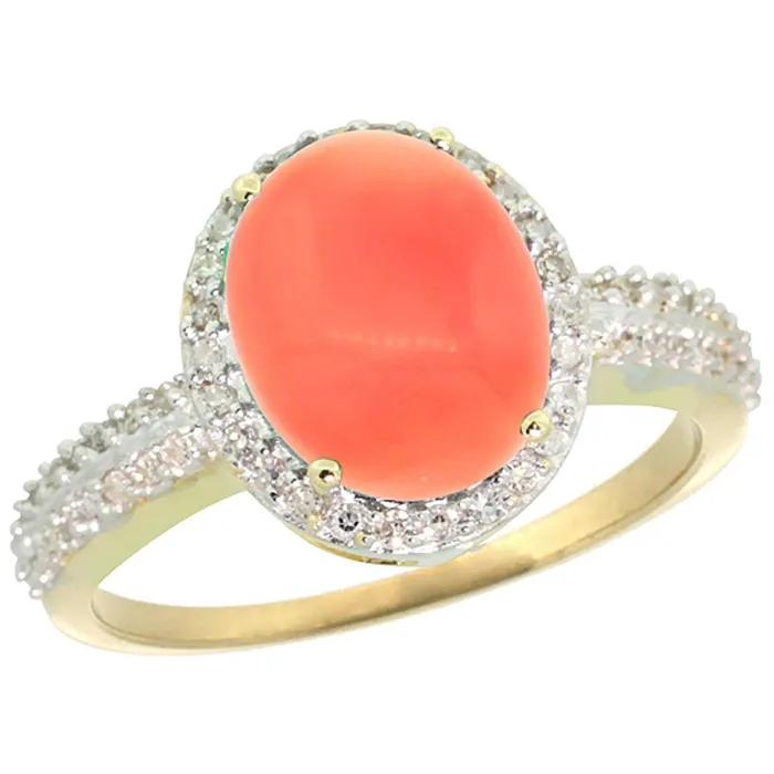 Rings GB Wedding Ring 1025 Ct Oval Coral And Round Natural Earth Mined Diamonds Gold Yellow 14K Rings GB Wedding Ring 1025 Ct Oval Coral And Round Natural Earth Mined Diamonds Gold Yellow 14K
