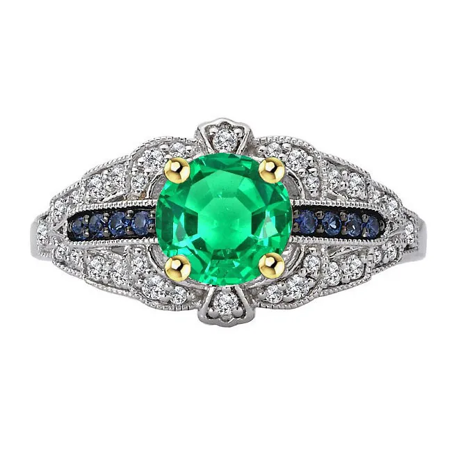 Rings HarryChadEntcom Vintage Style Green Emerald Ring With Diamonds Blue Sapphire Gemstones Rings HarryChadEntcom Vintage Style Green Emerald Ring With Diamonds Blue Sapphire Gemstones
