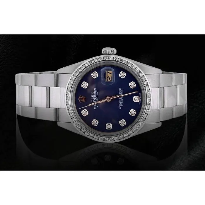 Rolex Datejust Men Watch Blue Diamond Dial Ss Oyster Bracelet QUICK SET GB Bracelets
