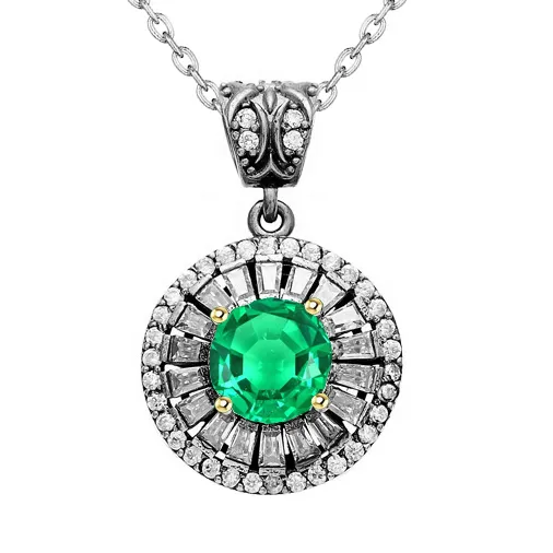 Round Vintage Style Halo Pendant Green Emerald Necklace HarryChadEntcom Necklaces Round Vintage Style Halo Pendant Green Emerald Necklace HarryChadEntcom Necklaces