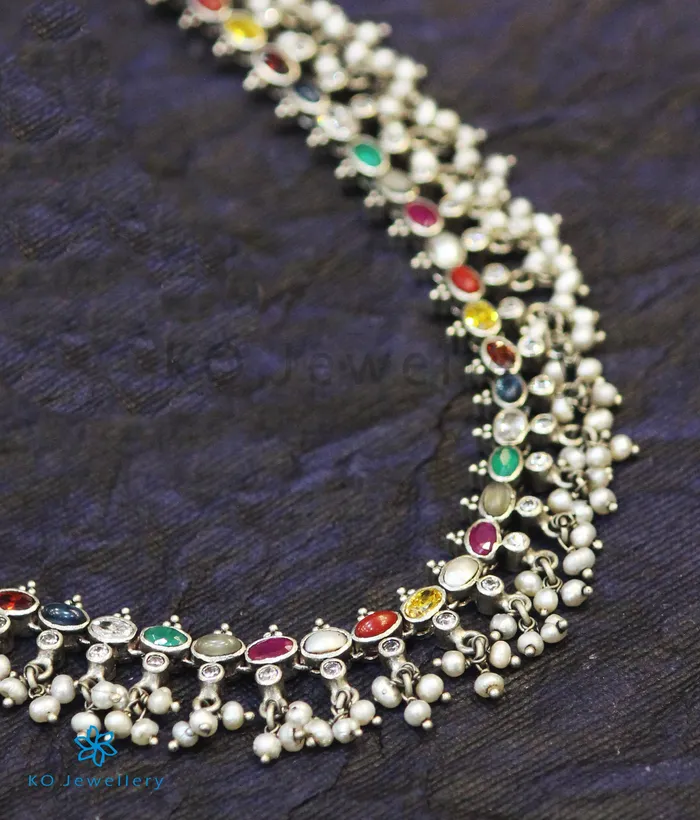Silversmith Necklaces The Prerna Silver Navratna Necklace OxidisedLong
