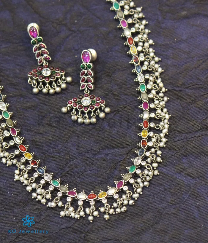 Silversmith Necklaces The Prerna Silver Navratna Necklace OxidisedLong